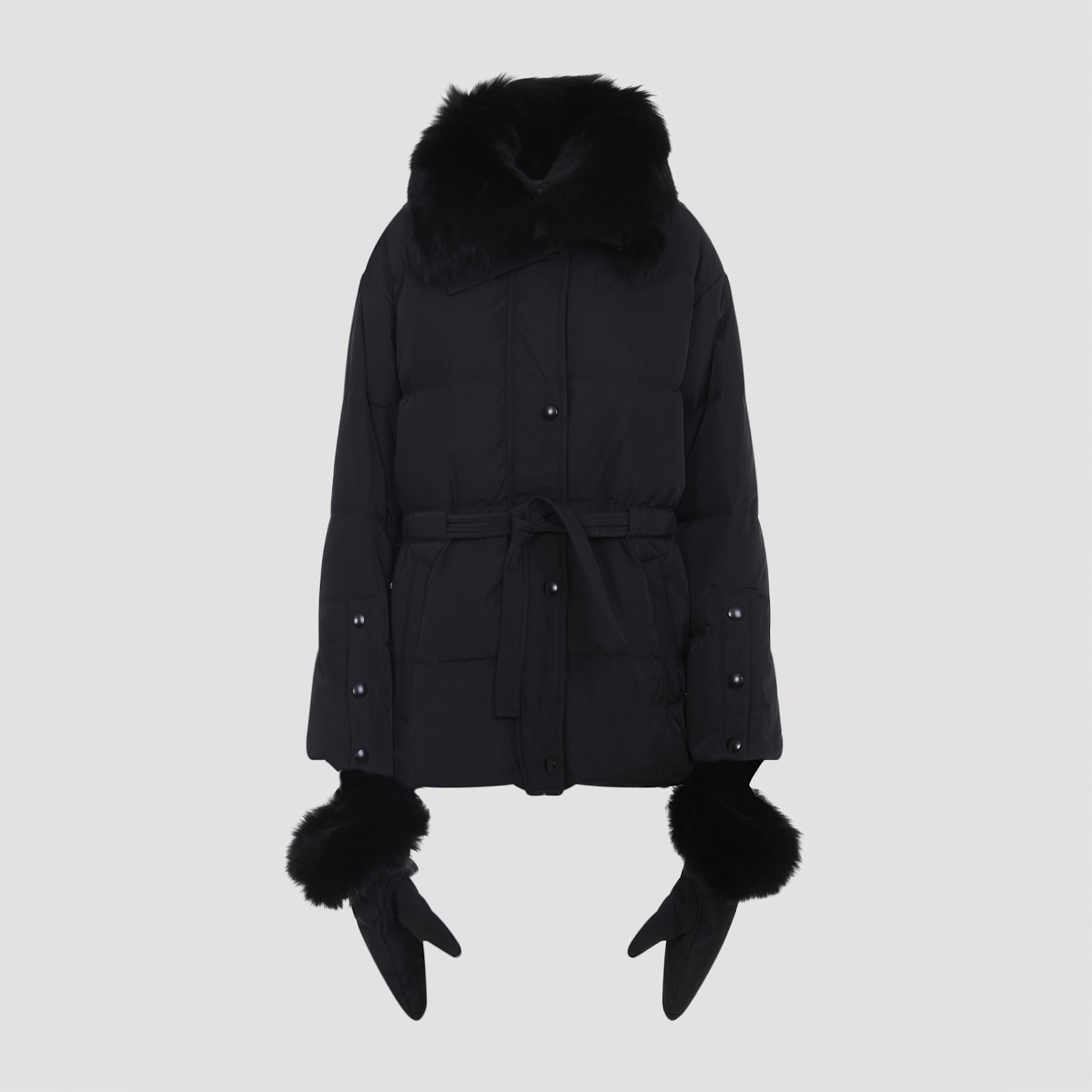 Yves Salomon Doudoune Short Down Jacket With Fur Inserts And Belt In Black