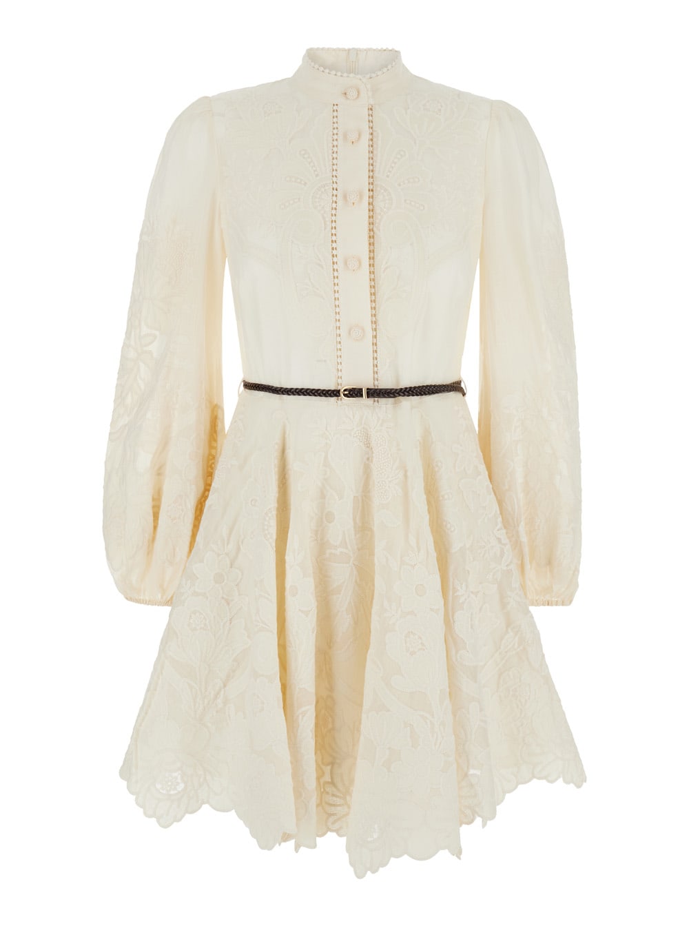 Shop Zimmermann Mini Beige Dress With Embroidery And Contrasting Belt In Linen Woman