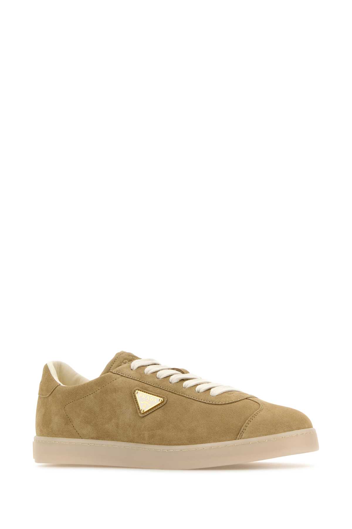 Shop Prada Beige Suede Sneakers In Ecru