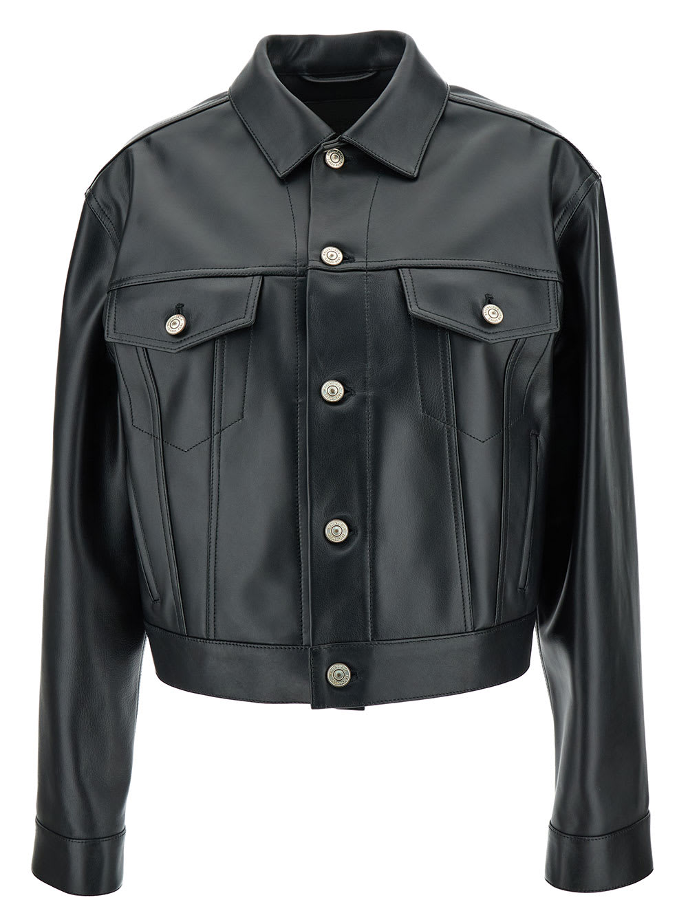 Shop Balenciaga Black Cropped Jacket With Silver-tone Branded Buttons In Super Smooth Leather Woman