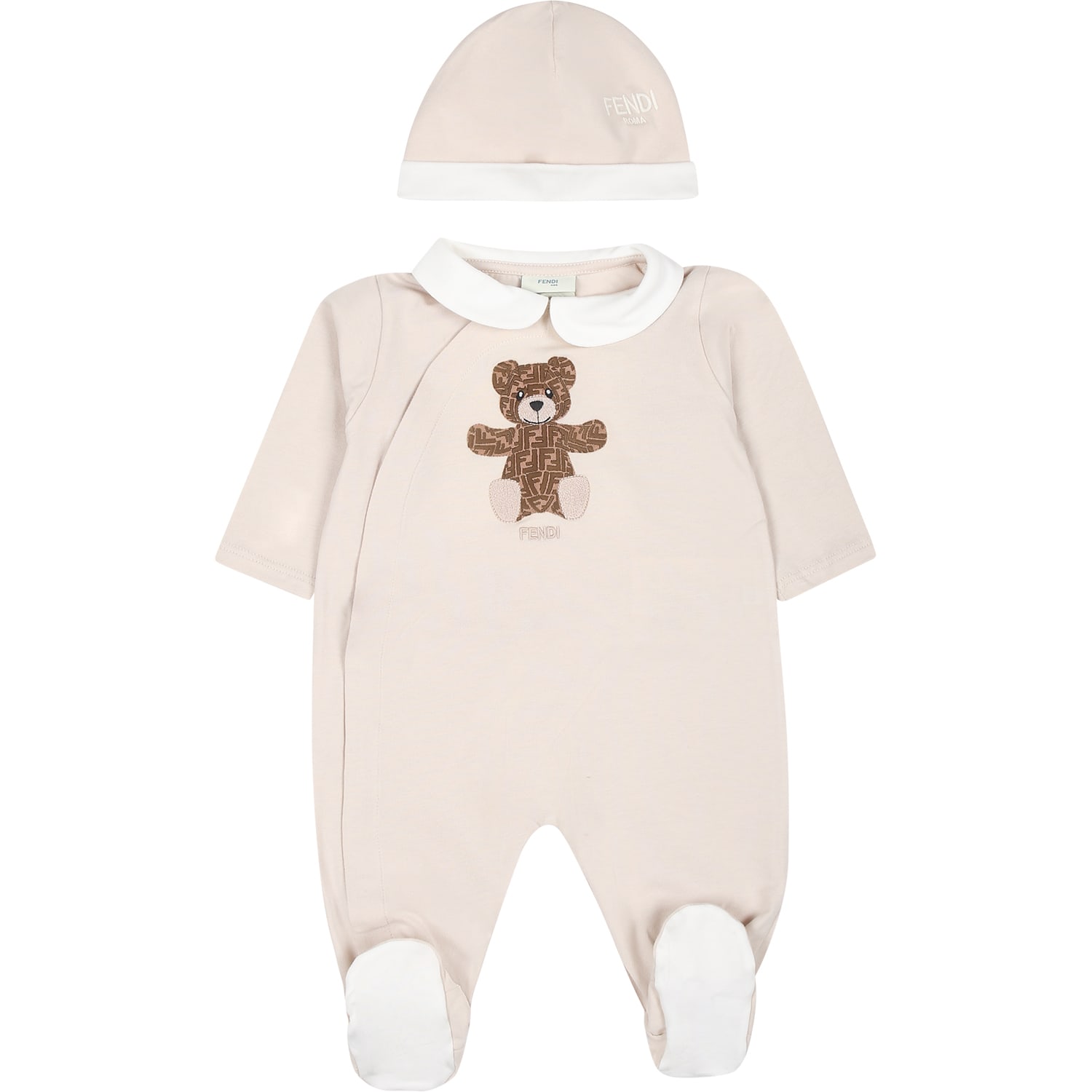 Fendi Beige Ff Teddy Bear Cotton Babysuit Set In Beige