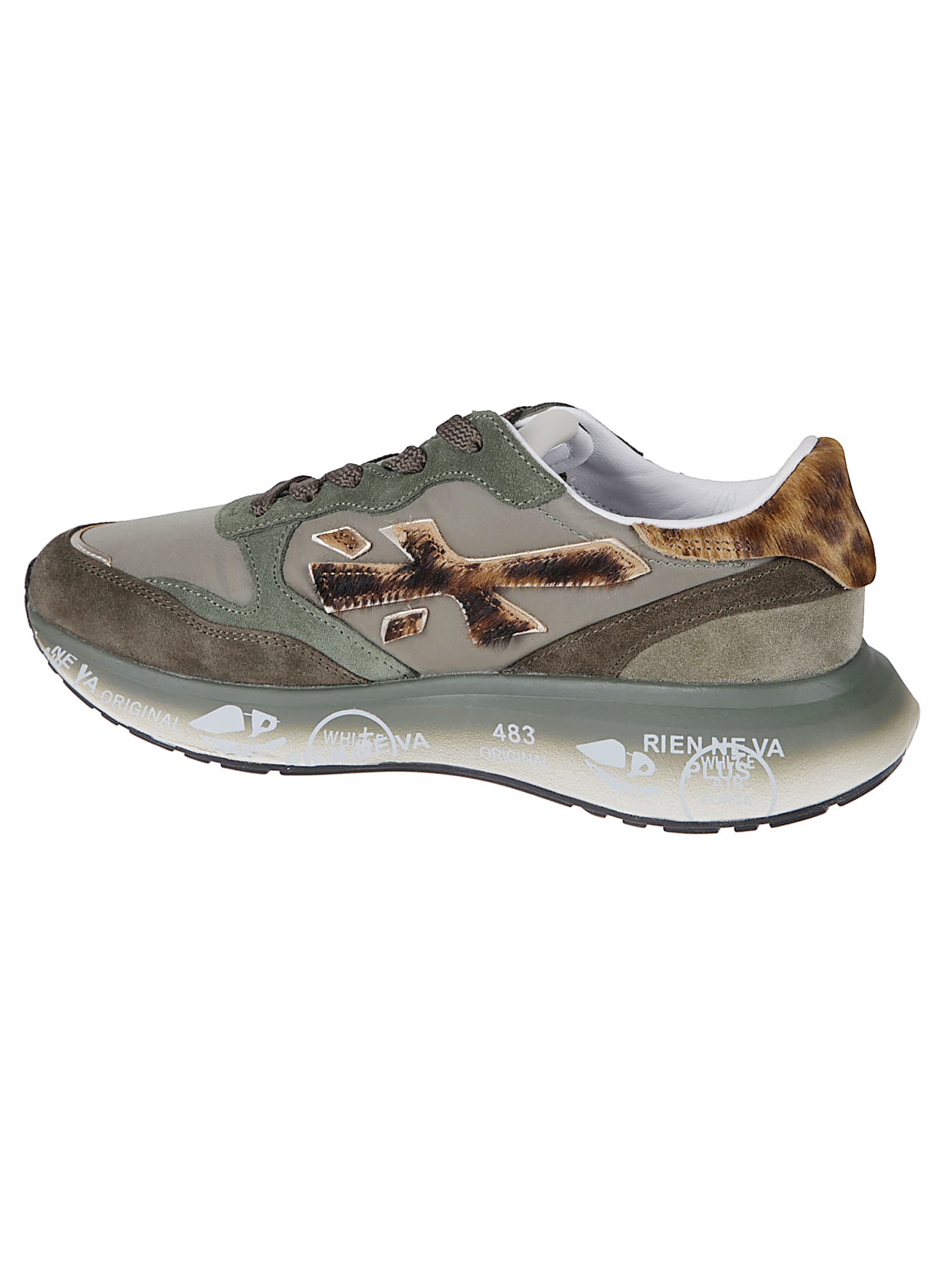 Premiata Green Technical Fabric And Suede Sneakers With Leopard-print Details In Multi