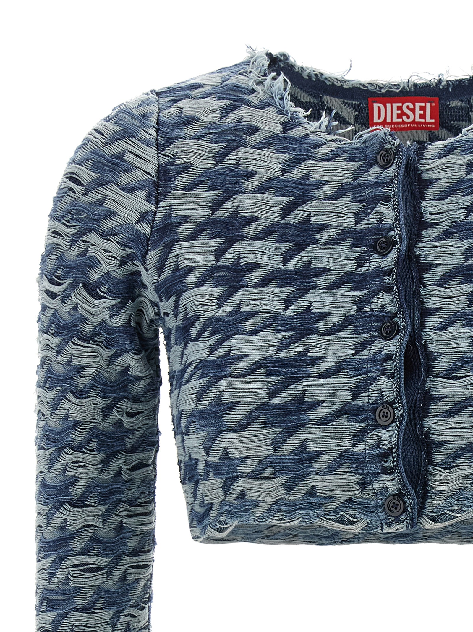 Diesel Long Sleeve Cropped Houndstooth Top In Blue