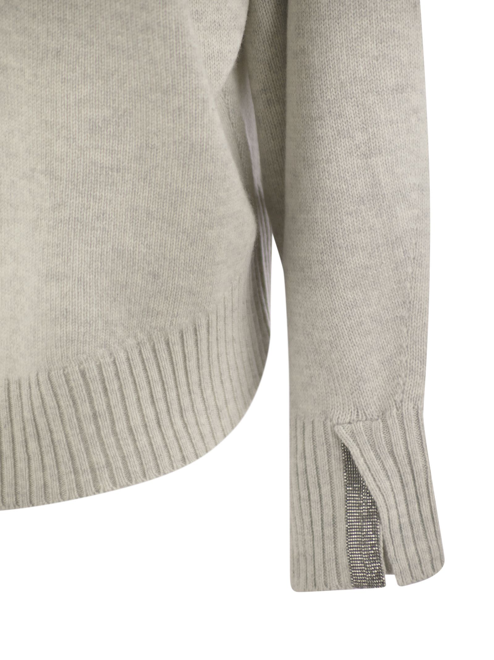 Shop Brunello Cucinelli Cashmere Chimney Neck Sweater With Shiny Cuff Details In Light Grey