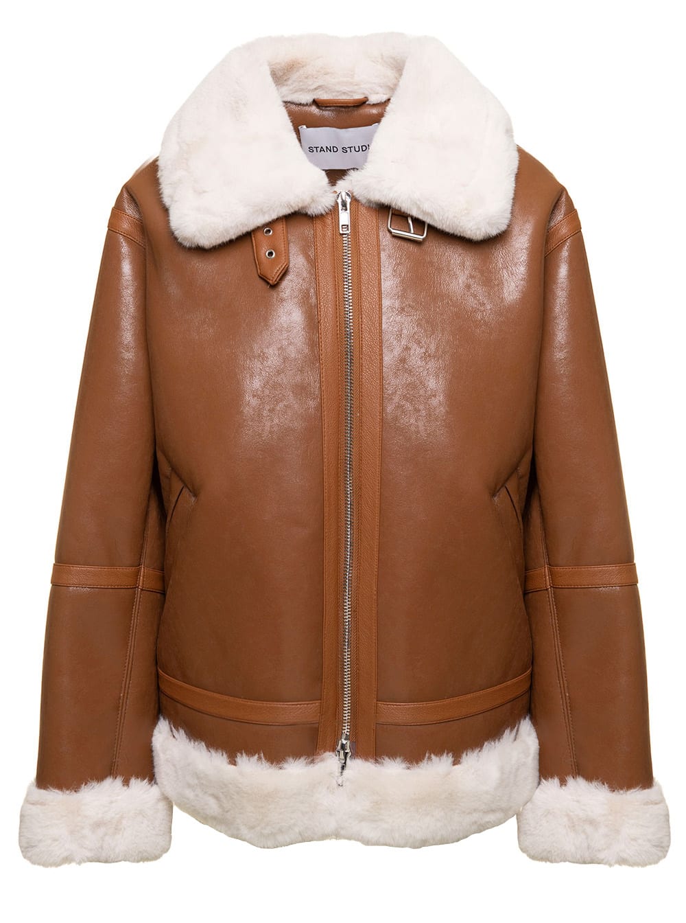 STAND STUDIO raina Brown Shearling-trim Jacket In Leather Woman Stand