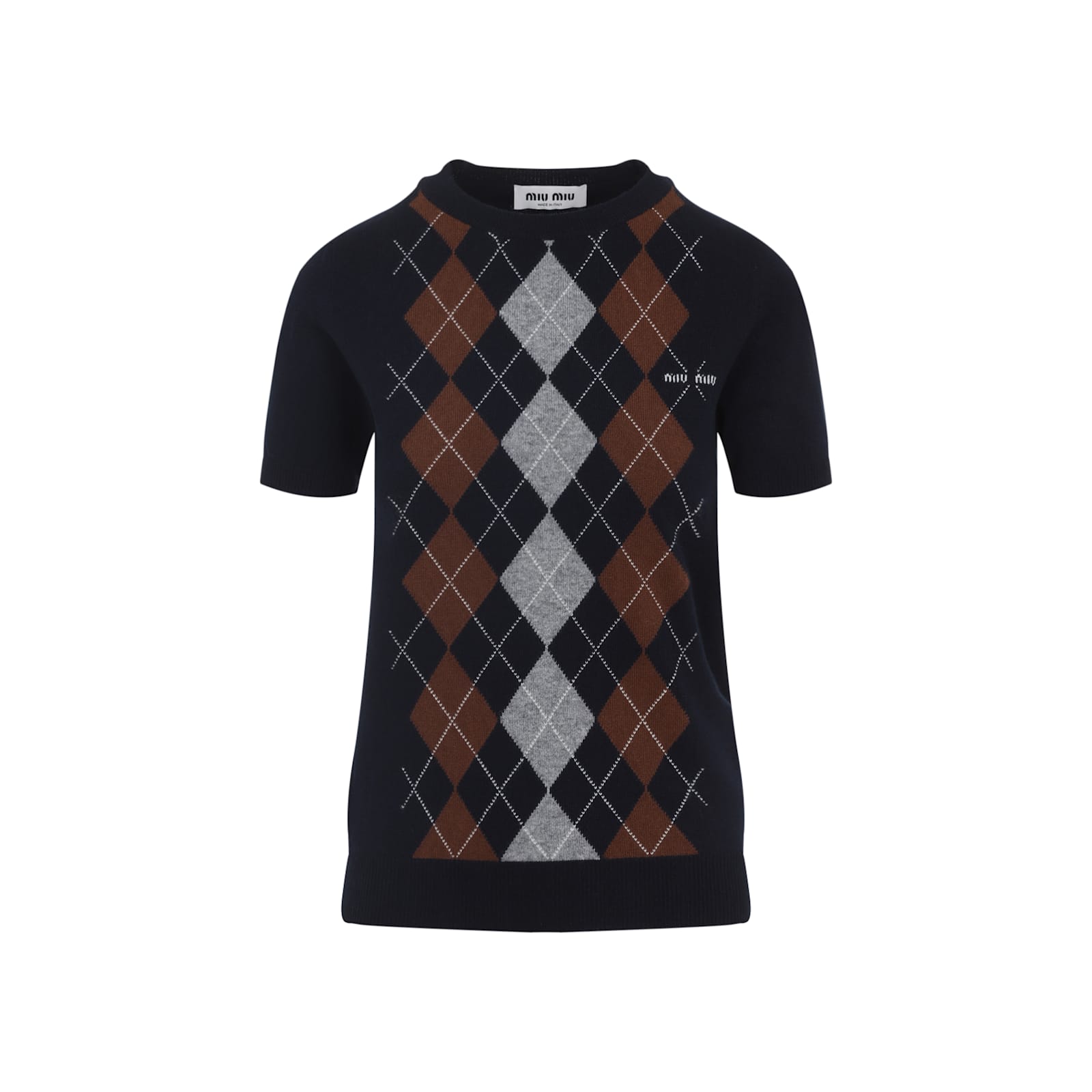 Miu Miu Cashmere Argyle Short-sleeve Sweater In Black