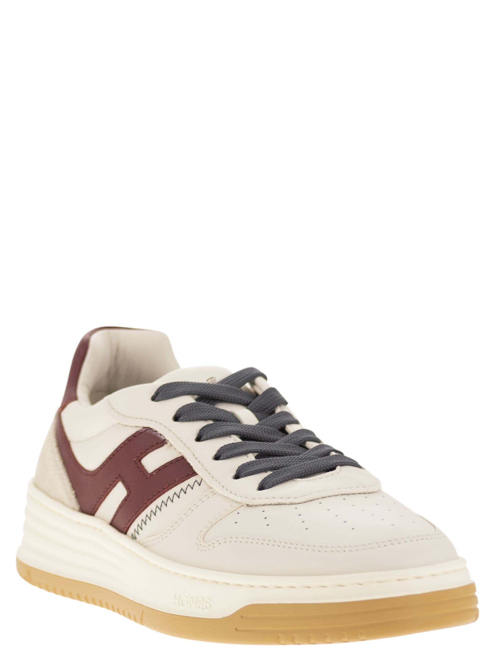 Shop Hogan H630 - Leather Lace-up Trainers In Ivory/bordeaux