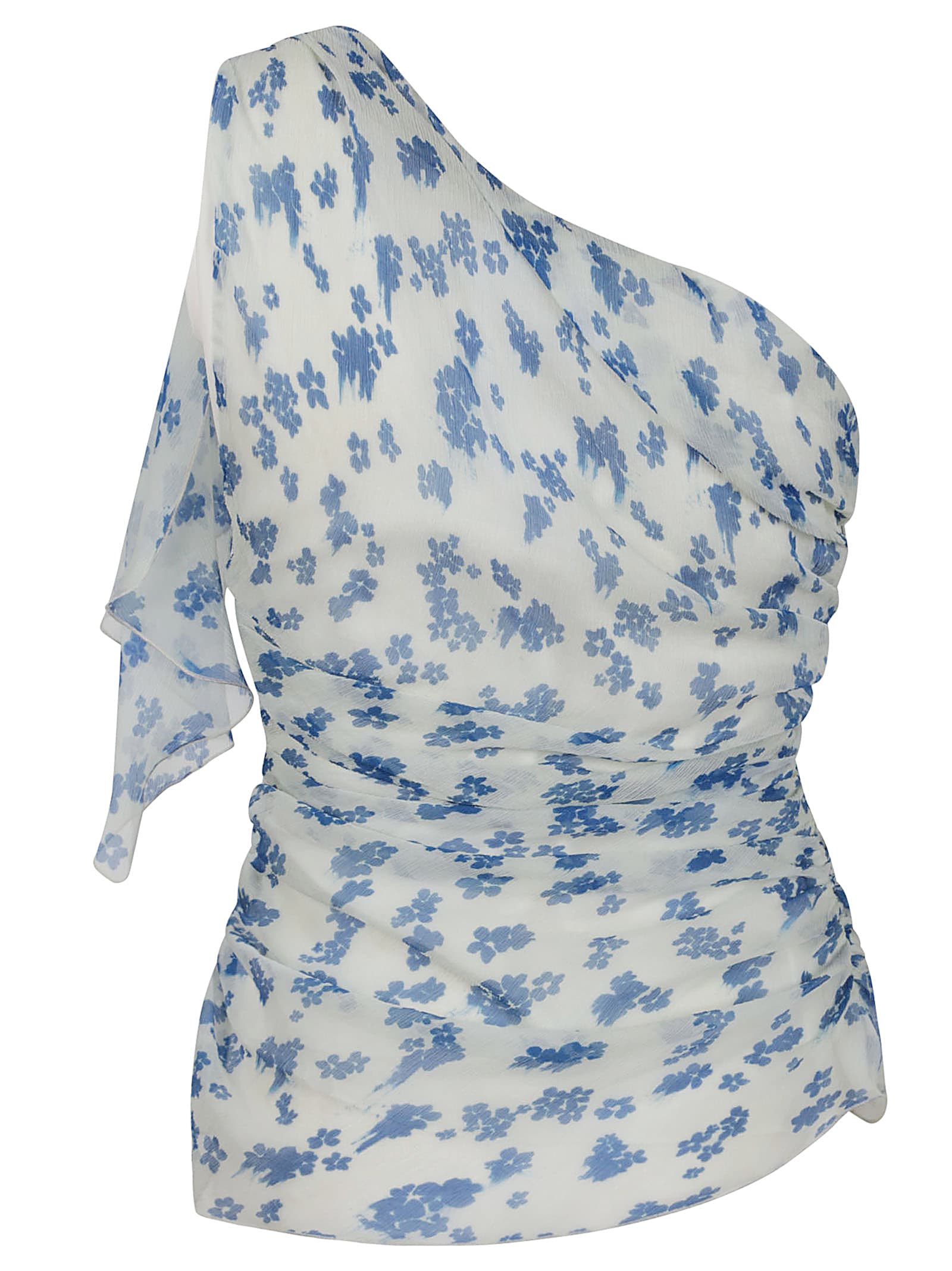 Victoria Beckham Asymmetric Draped Floral Ruched Sleeve Top In Cloud Blue