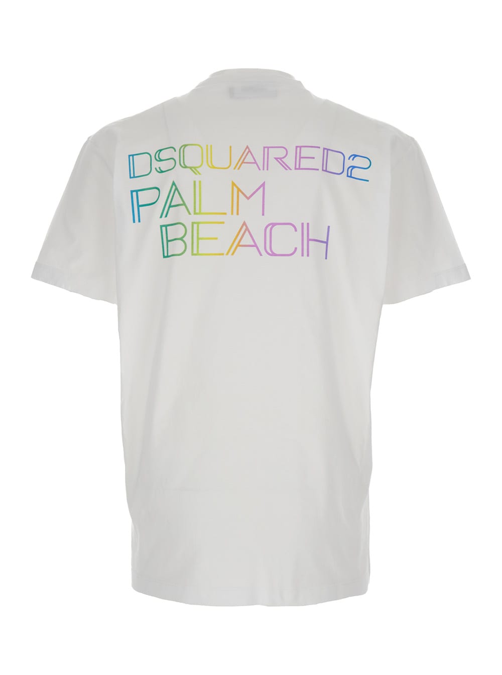 Shop Dsquared2 Palm Beach White Crewneck T-shirt With Multicolor Logo Print In Cotton Man