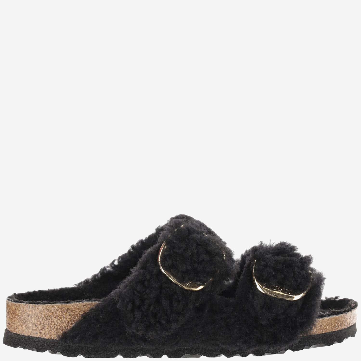 Birkenstock Arizona Shearling Slides With Large Buckle In Black