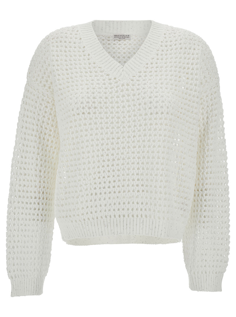 Shop Brunello Cucinelli White Pullover With V Neckline In Open-work Knit Woman