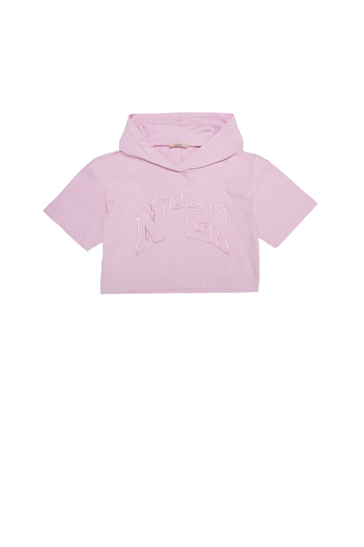 N°21 N21T174F T-SHIRT N°21 PINK CROPPED JERSEY T-SHIRT WITH HOOD AND TONE-ON-TONE COLLEGE LOGO