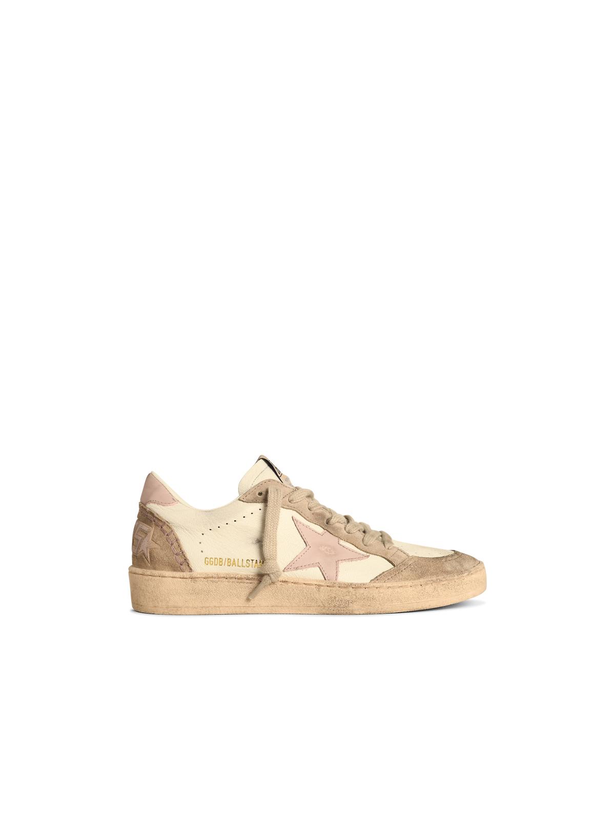 Golden Goose 'ballstar' White Low Top Sneakers With Glittered Star Patch On The Side And Glittered Heel With Logo In Neutral