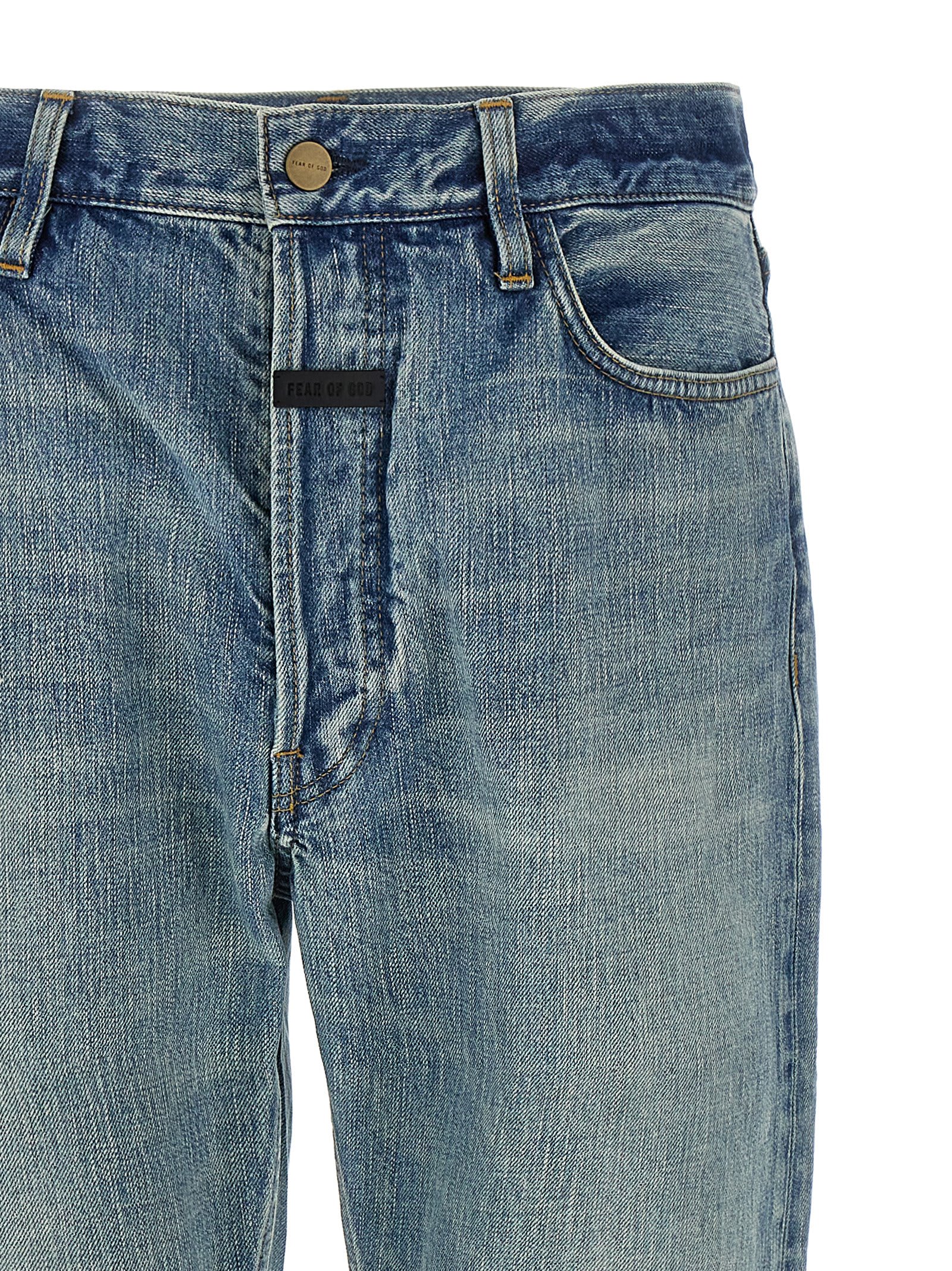 Fear Of God Five-pocket Raw Hem Straight Leg Jeans In Blue