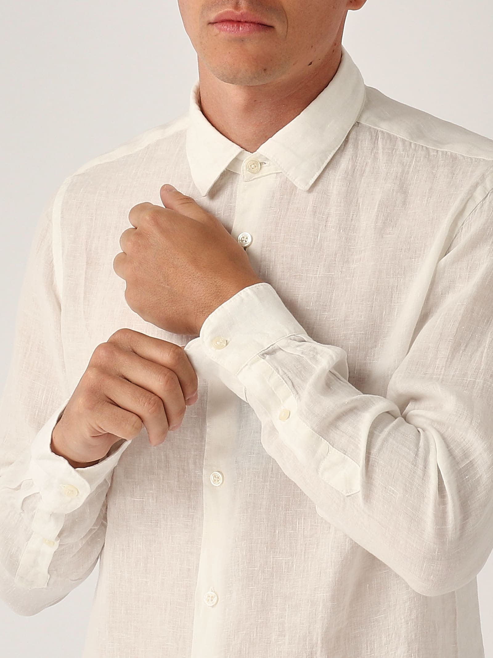 Altea Camicia M/l Collo Aperto Full-button Lino 100% Shirt In White