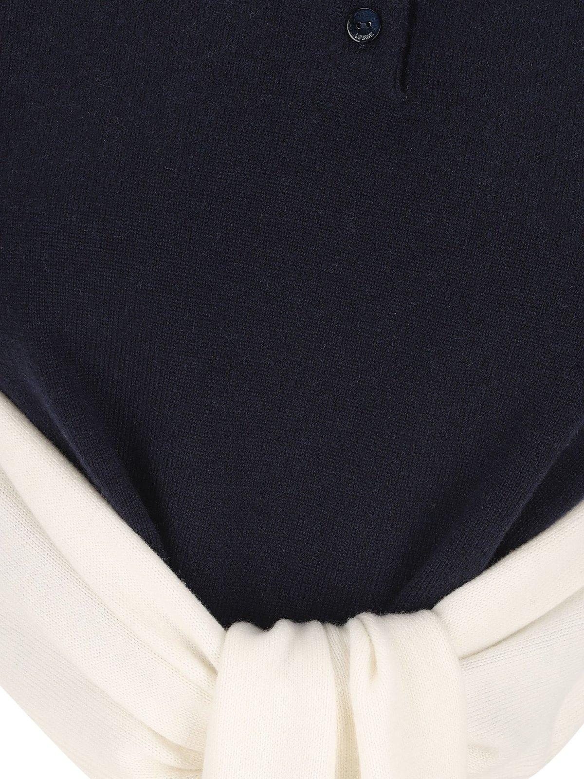 Loewe Colorblock Cropped Backless Wool Cashmere Polo Sweater With Self-tie In Black