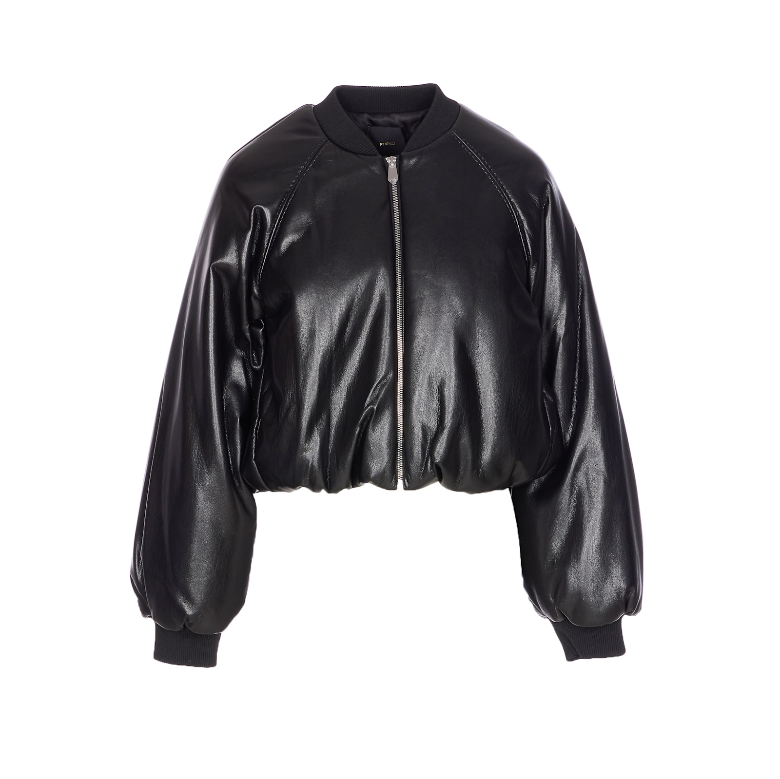 Pinko Black Cropped Bomber Jacket With Front Zip Closure In Ecoleather Woman In Black