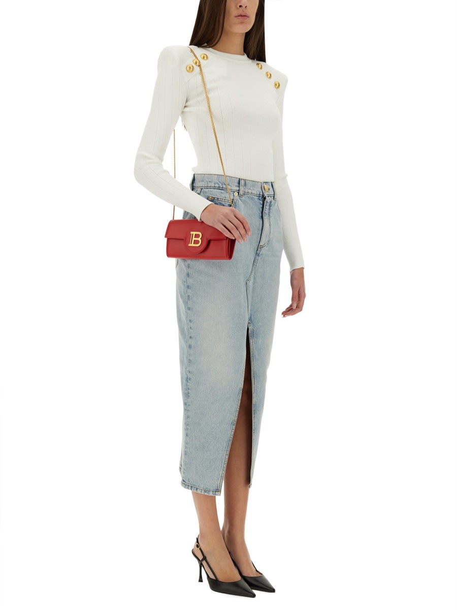 Balmain Midi Denim Skirt With Slit In Denim