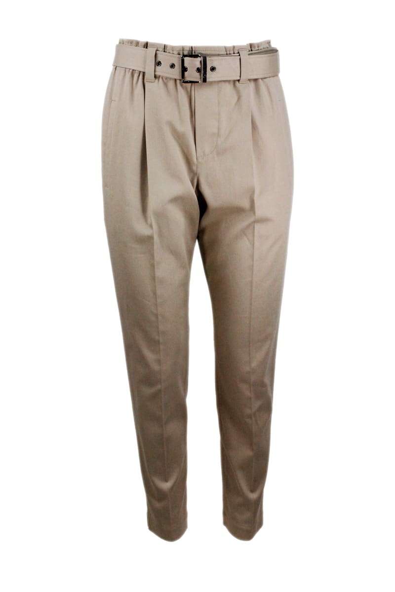 Brunello Cucinelli Pantalone In Cotton Drill With High Waist With Pleats And Belt With Jewelry