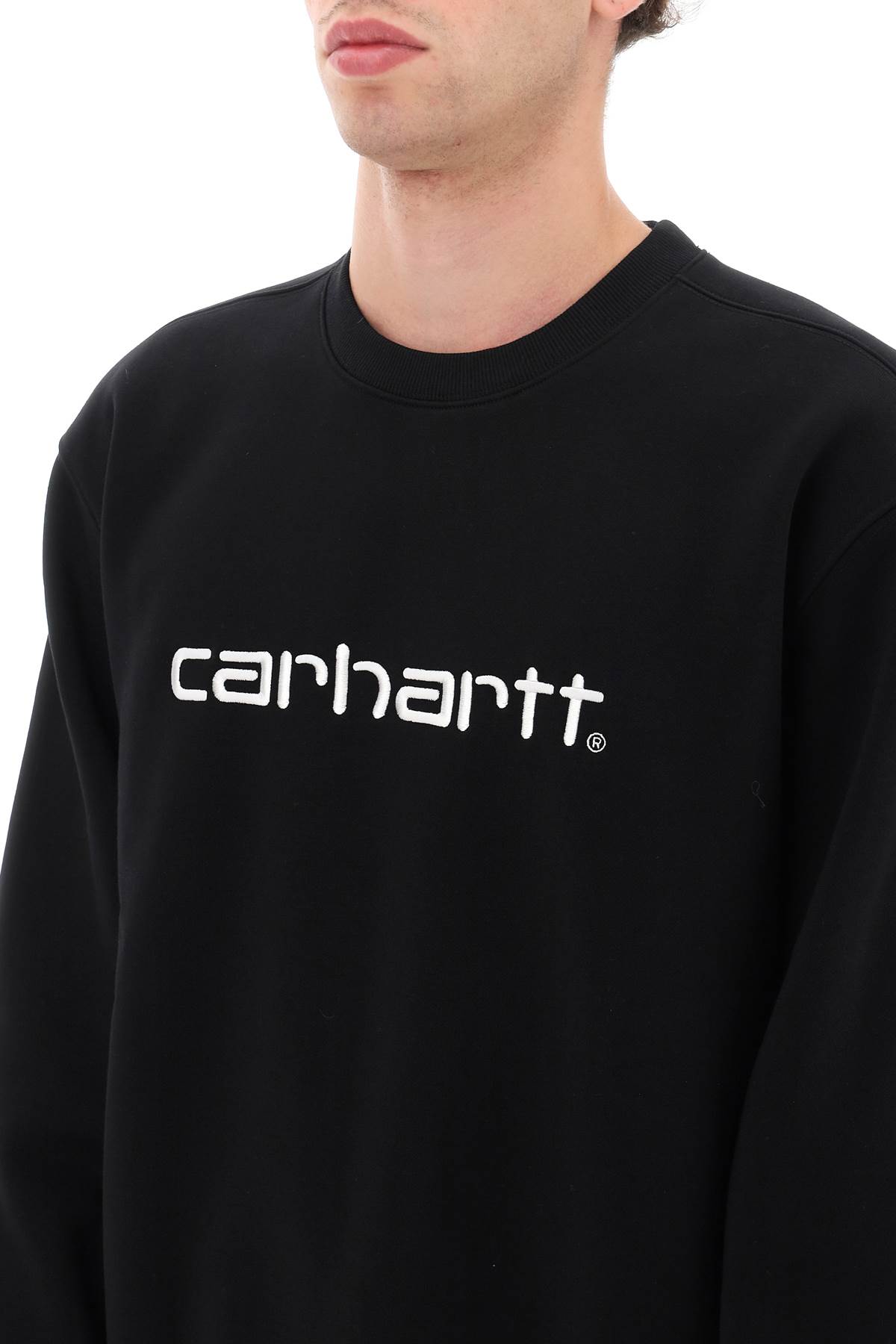 Carhartt Fleeced Cotton Crew-neck Sweatshirt With Embossed Logo In Black