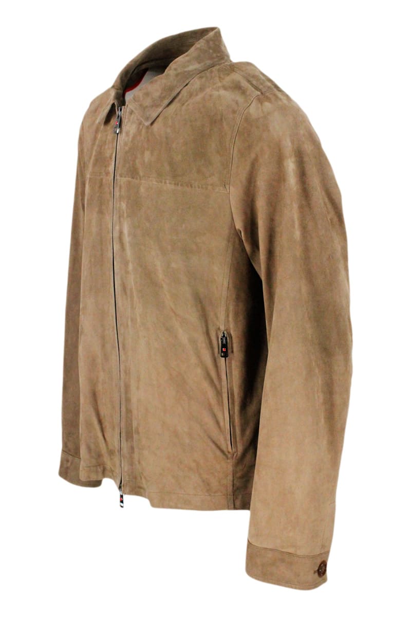 Shop Kired Lightweight Unlined Jacket In Very Soft Suede With Shirt Collar And Zip Closure In Beige - Dove
