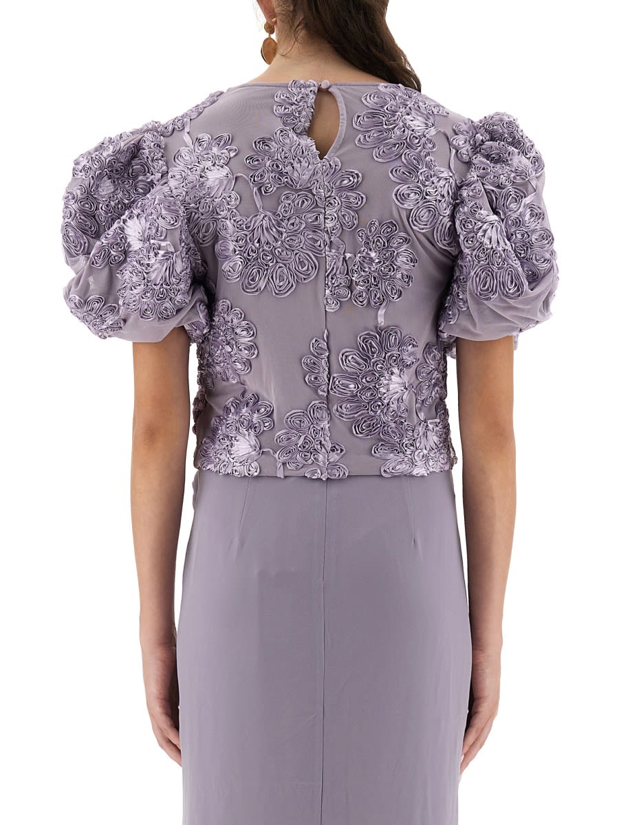Rotate Birger Christensen 3d Floral Mesh Top With Voluminous Puff Sleeves In Blue