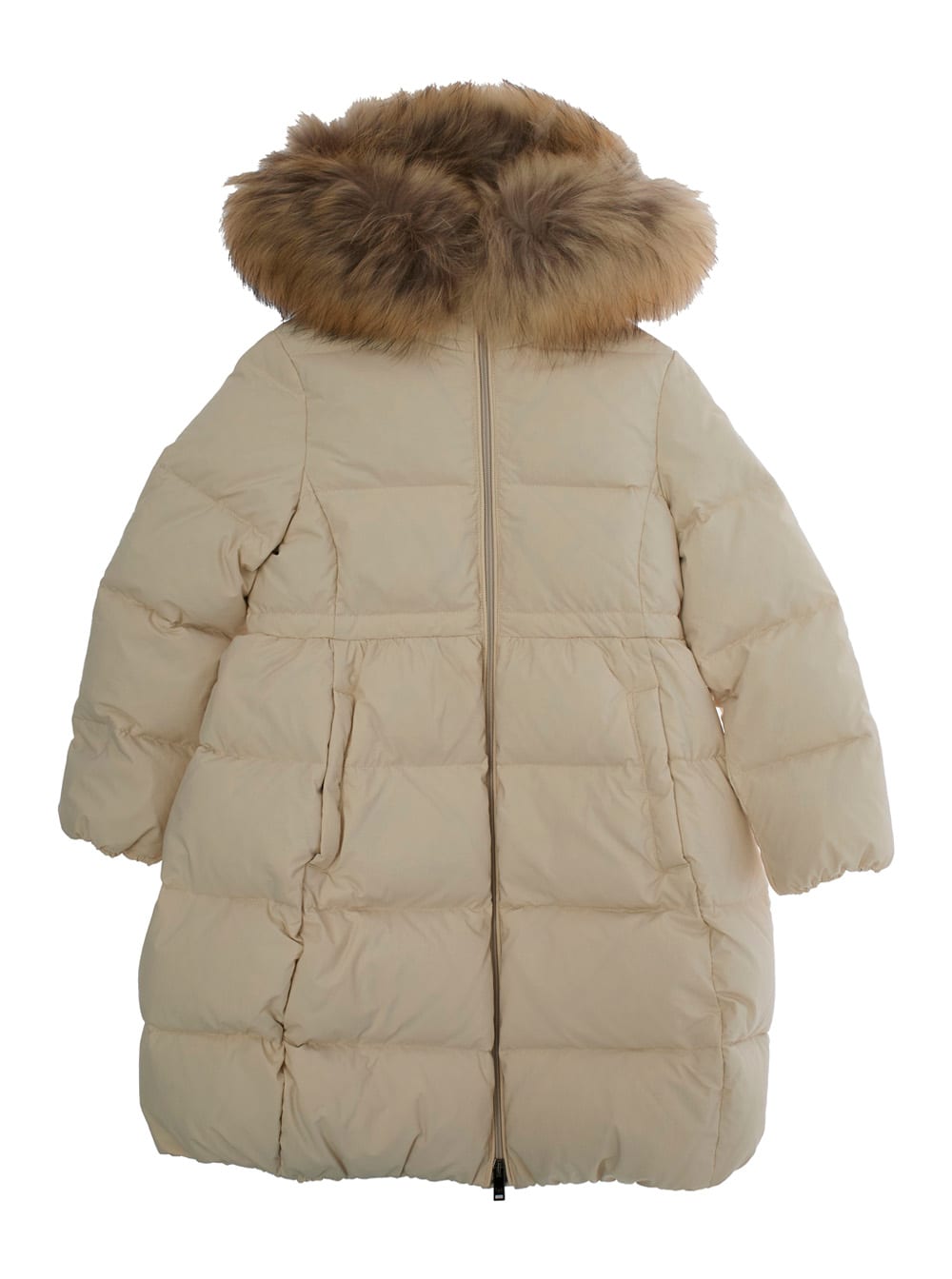Il Gufo Beige Down Jacket With Fixed Hood And Logo Lettering Embroidery On The Sleeve In Tech Fabric Girl In Neutral