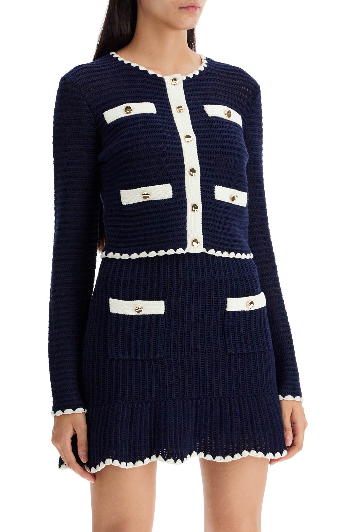 Shop Self-portrait Cropped Crochet Cardigan For In Navy (blue)