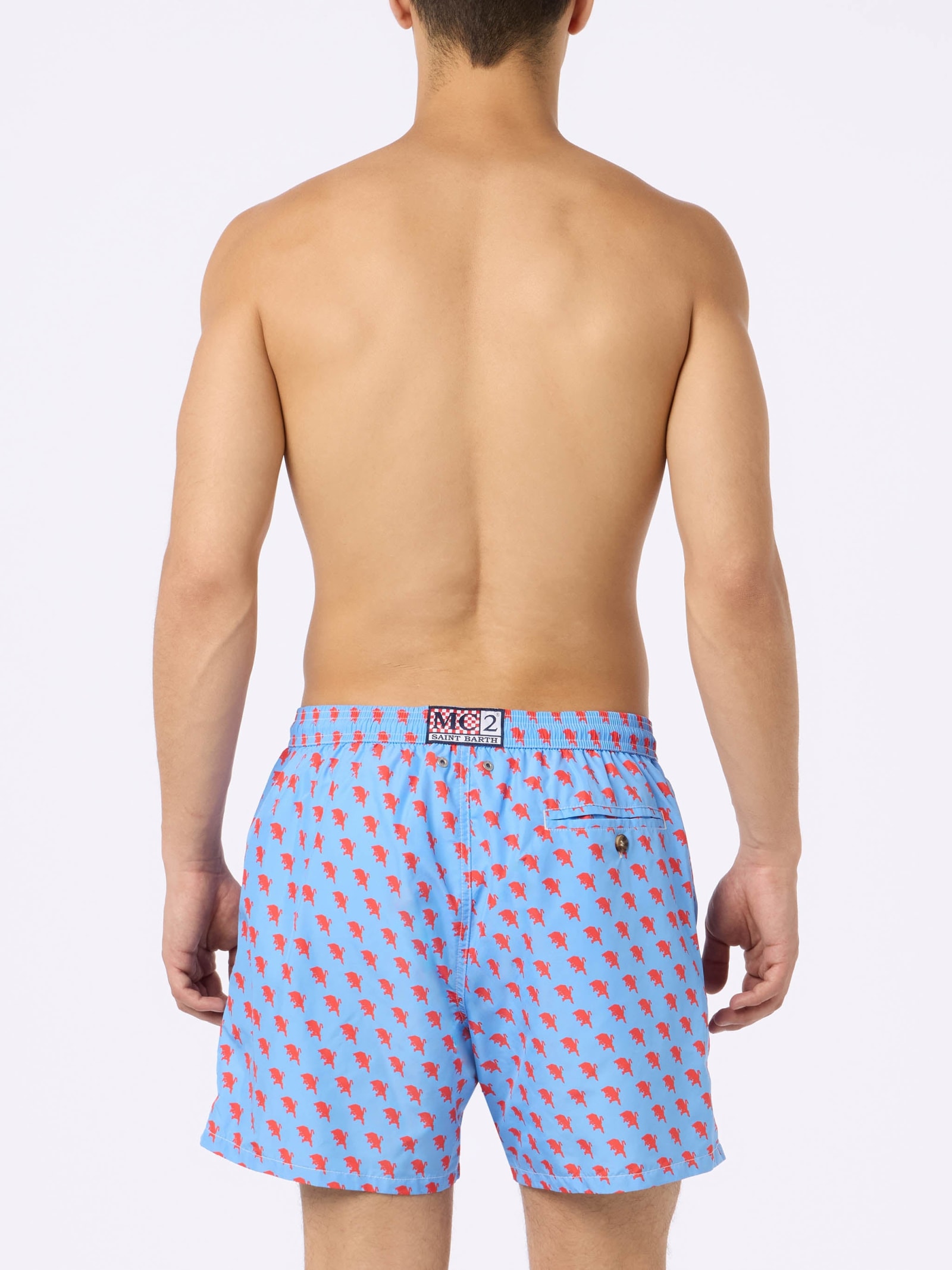 Mc2 Saint Barth Man Lightweight Fabric Swim Shorts With Torino Logo Print Ac Torino Special Edition In Sky