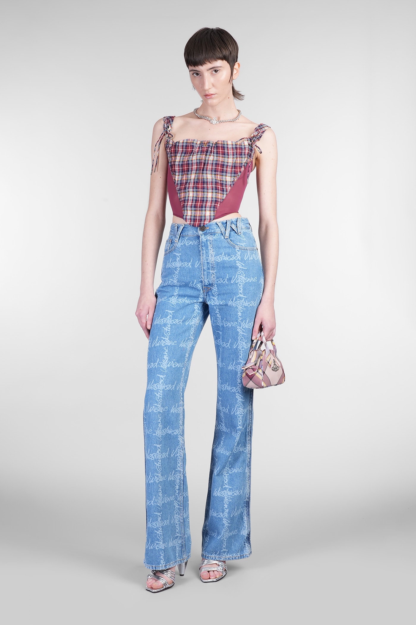 Vivienne Westwood Puppy Mesh-trimmed Checked Linen And Cotton-blend Bustier Top