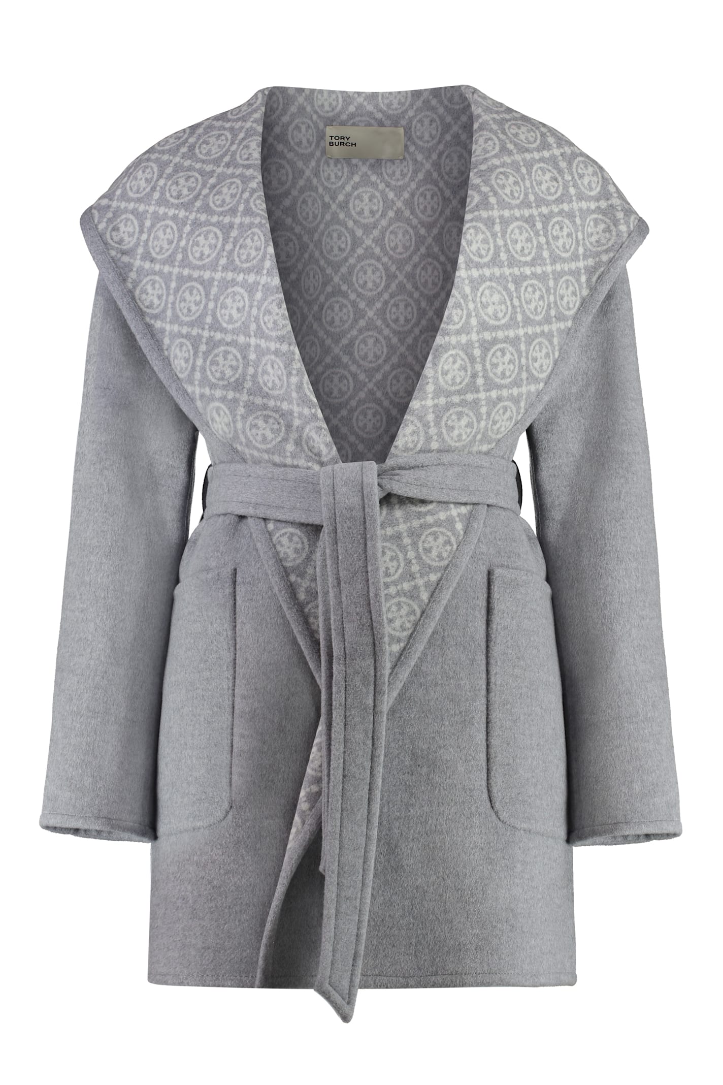 Shop Tory Burch Hooded Wool Coat In Grey