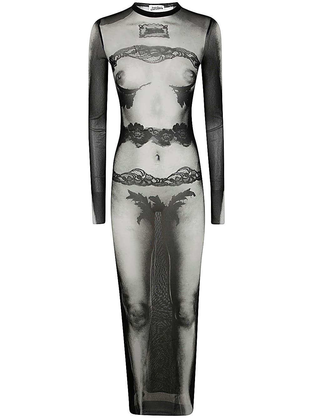 Shop Jean Paul Gaultier Mesh Long Dress Printed Body Lace Mariniere In Black Grey White