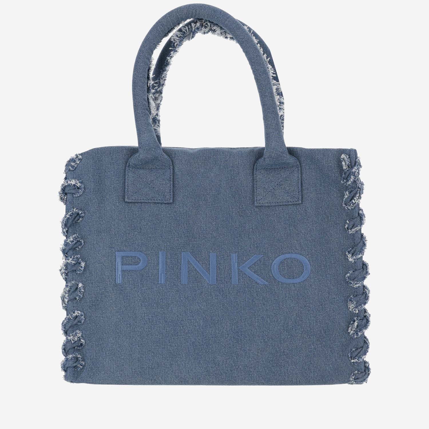 Shop Pinko Cotton Denim Tote Bag With Logo In Denim Blu-antique Gold