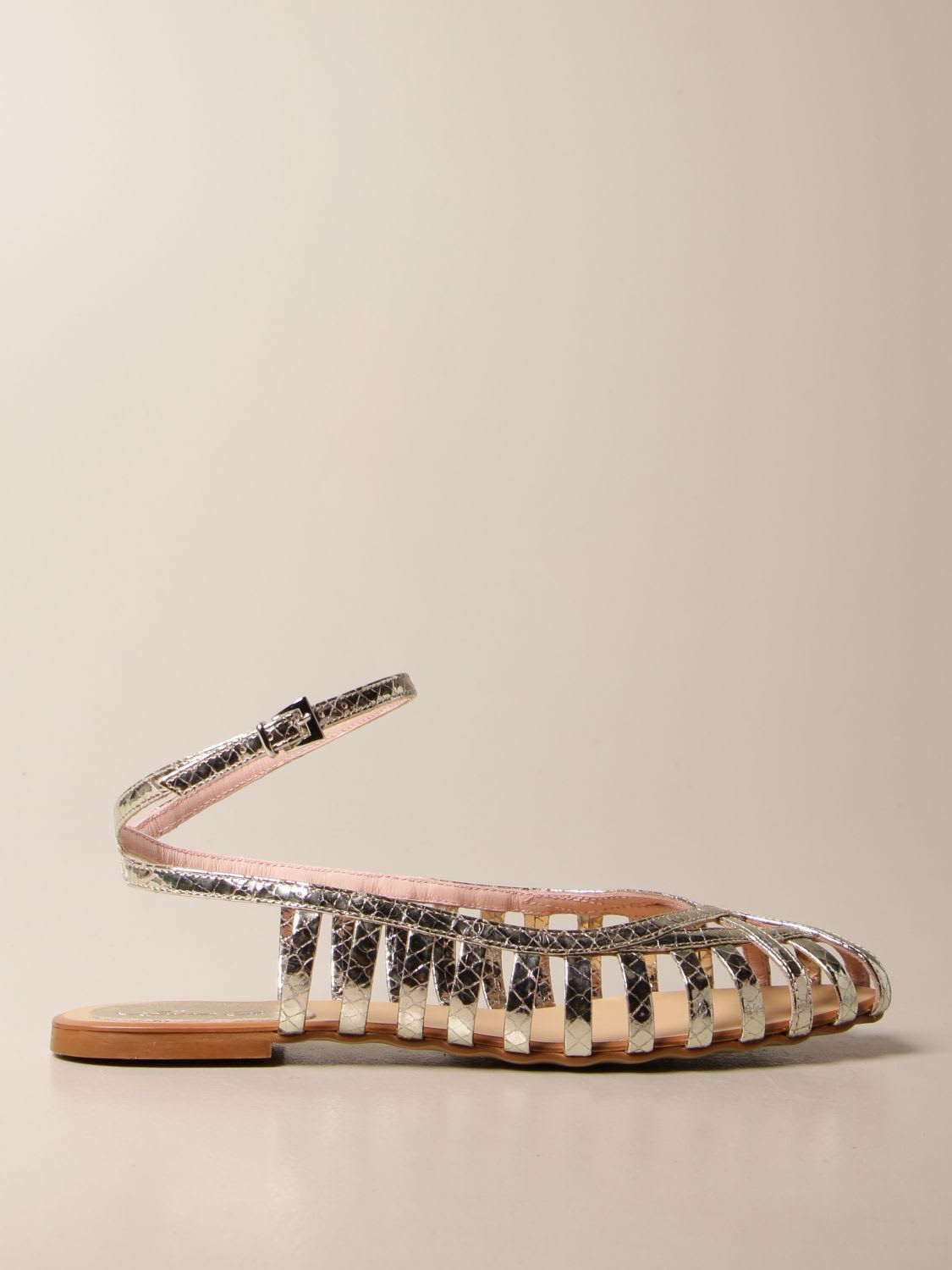 ANNA F FLAT SANDALS IN LAMINATED LEATHER,513 SNAKE PLATINO