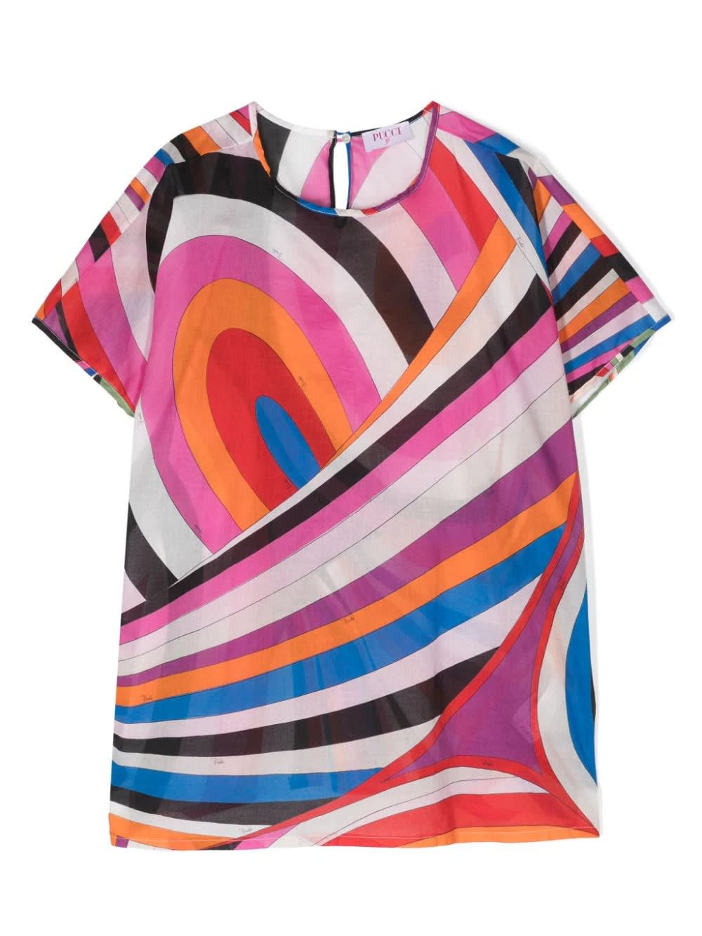 Pucci Kids' Short Sleeved Dress With Purple/multicolour Iride Print