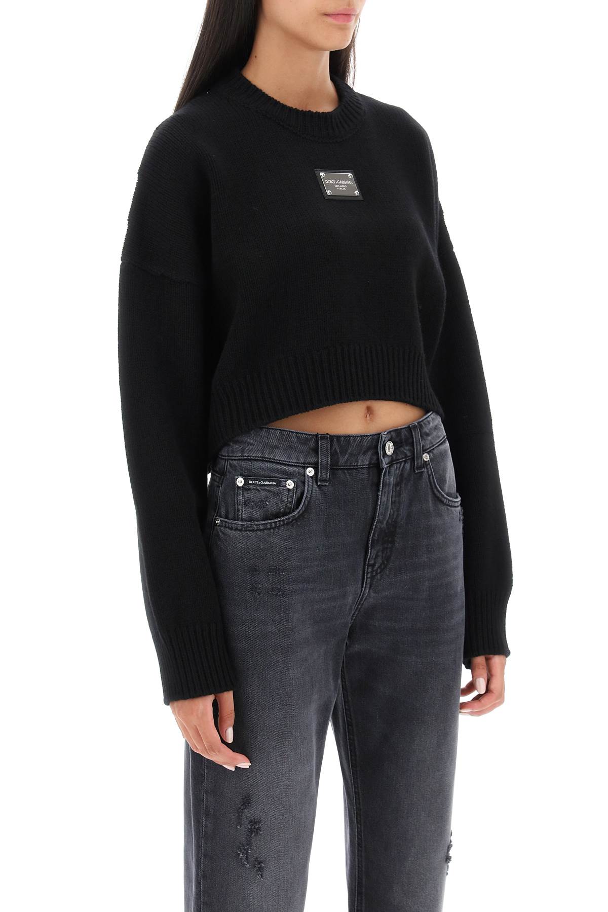 Shop Dolce & Gabbana Logo Plaque Cropped Sweater In Nero (black)