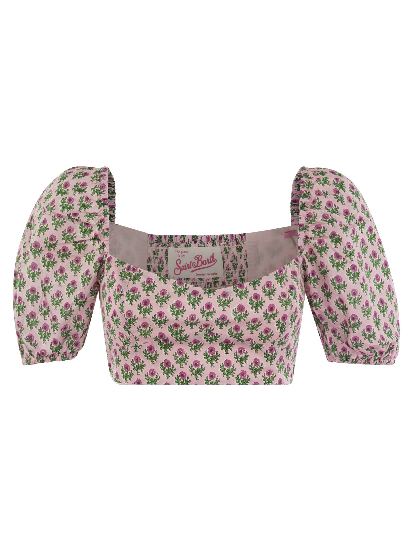 Shop Mc2 Saint Barth Crop Top With Floral Print In Pink
