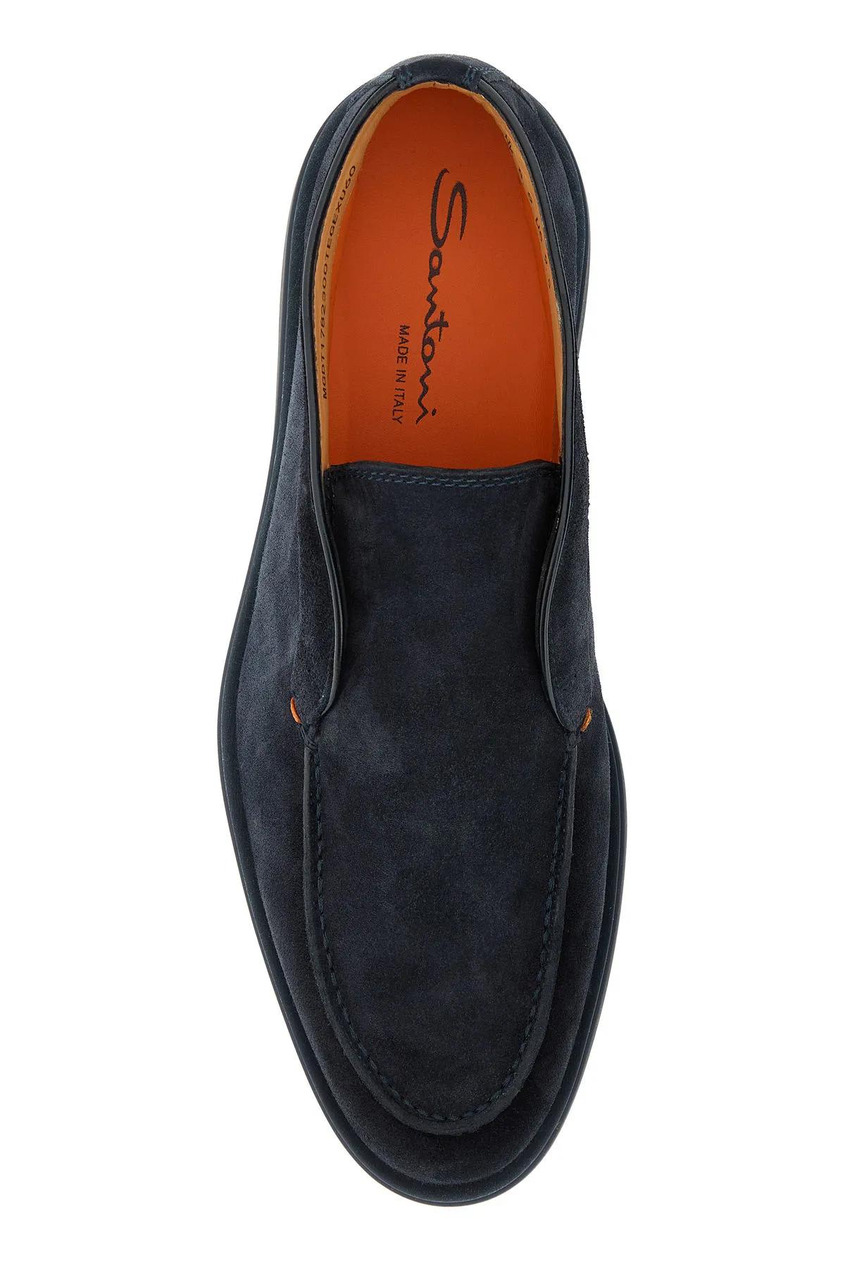 Shop Santoni Navy Blue Suede Loafers