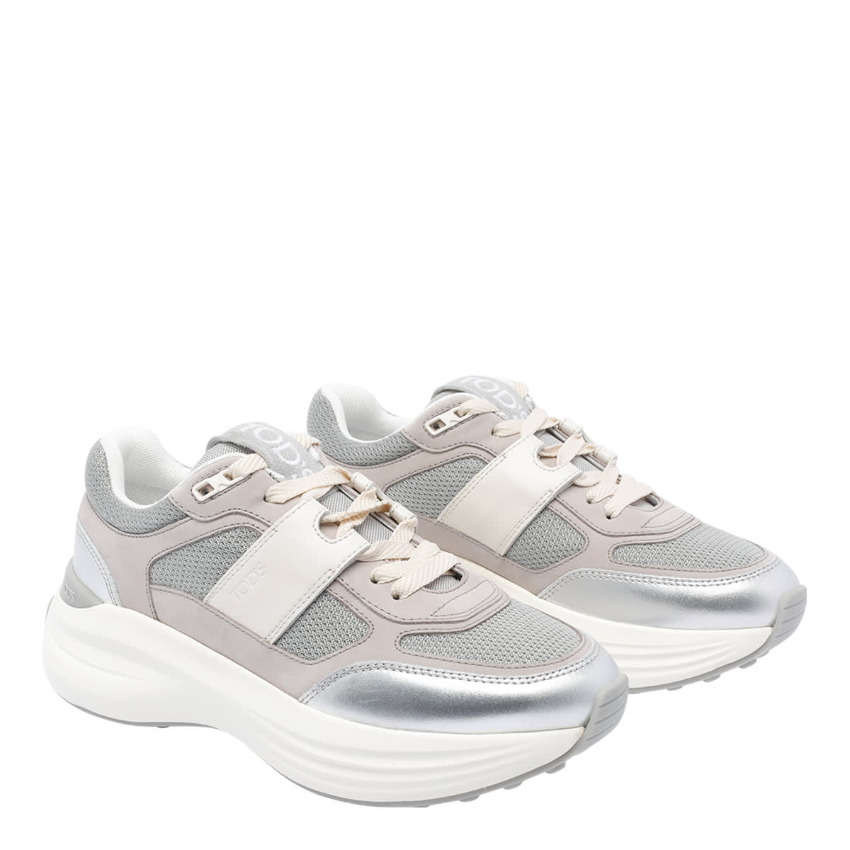 Tod's Sneakers In Fabric And Metallic Leather In Gray