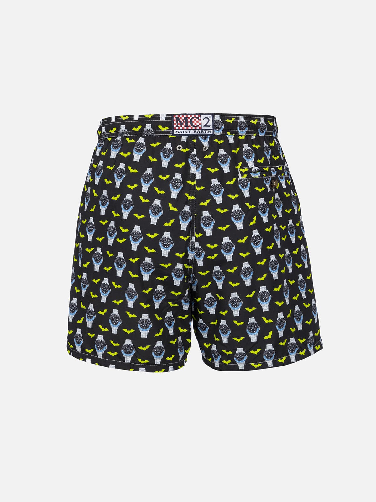 MC2 SAINT BARTH MAN LIGHTWEIGHT FABRIC SWIM-SHORTS LIGHTING MICRO FANTASY WITH WATCHES PRINT