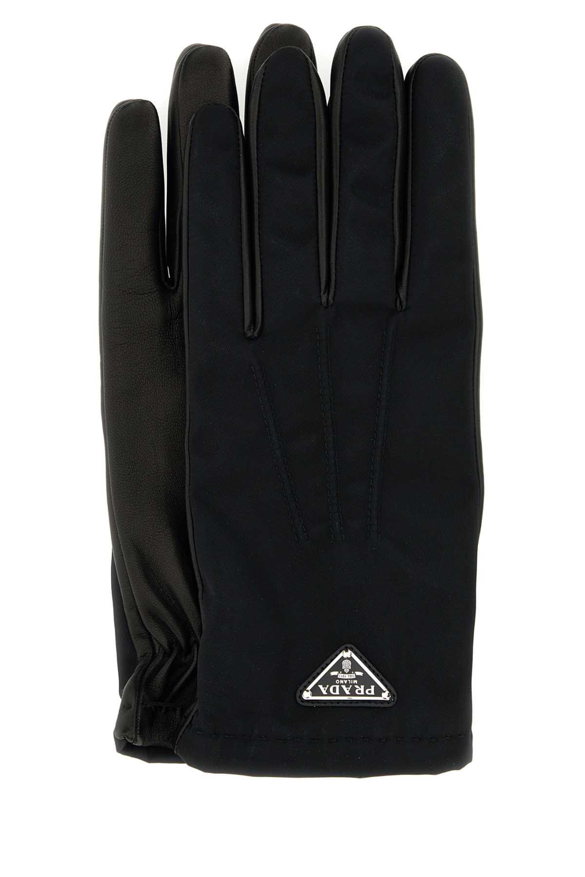 Shop Prada Black Nylon And Nappa Leather Gloves In Nero