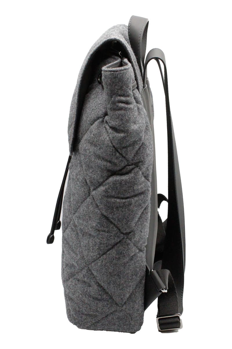 Shop Brunello Cucinelli Backpack With Diamond Pattern In Wool And Leather Embellished With Rows Of Jewels. Measures 30 X 35  In Grey