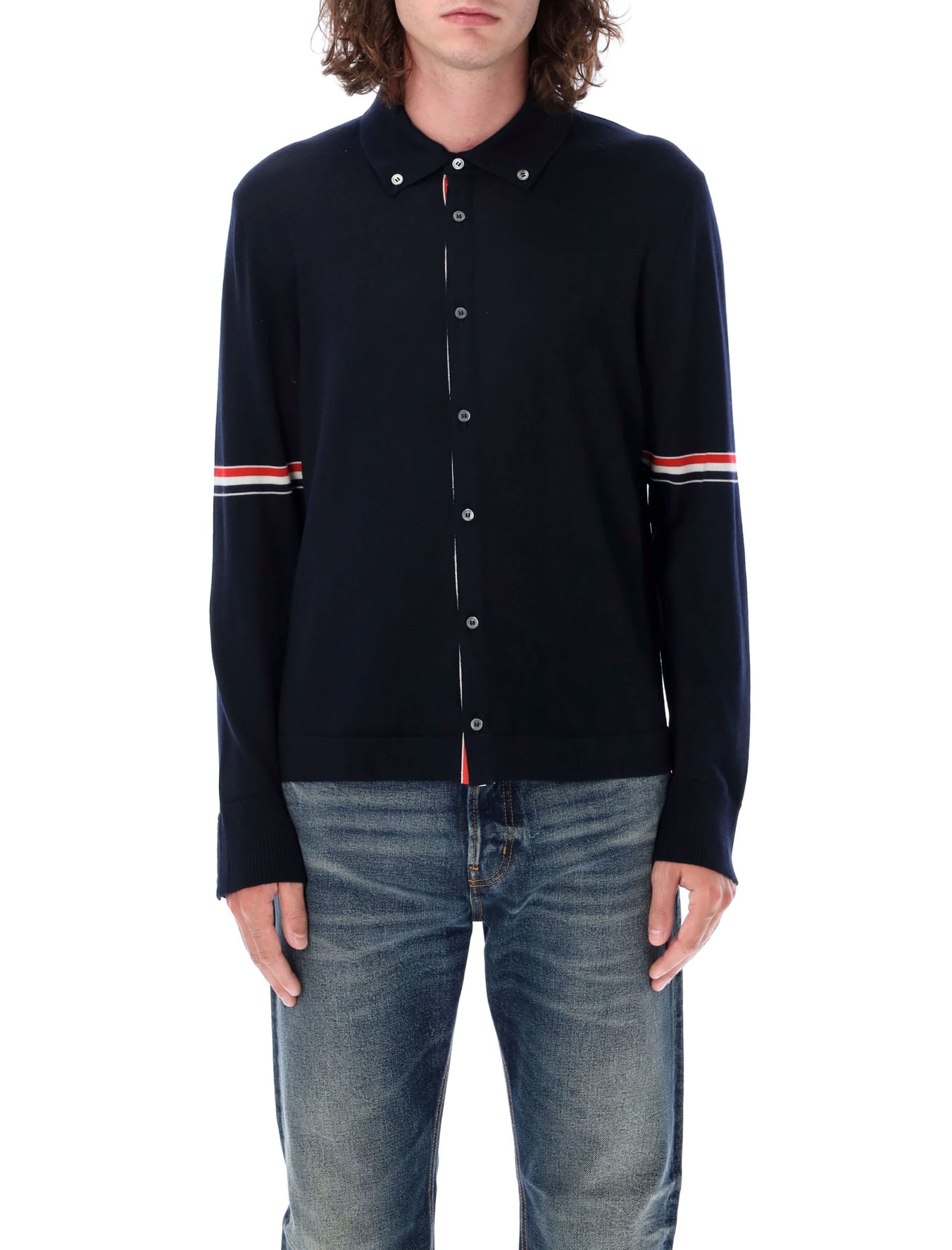 Shop Thom Browne Jersey Stitch Button Down Sweater In Navy