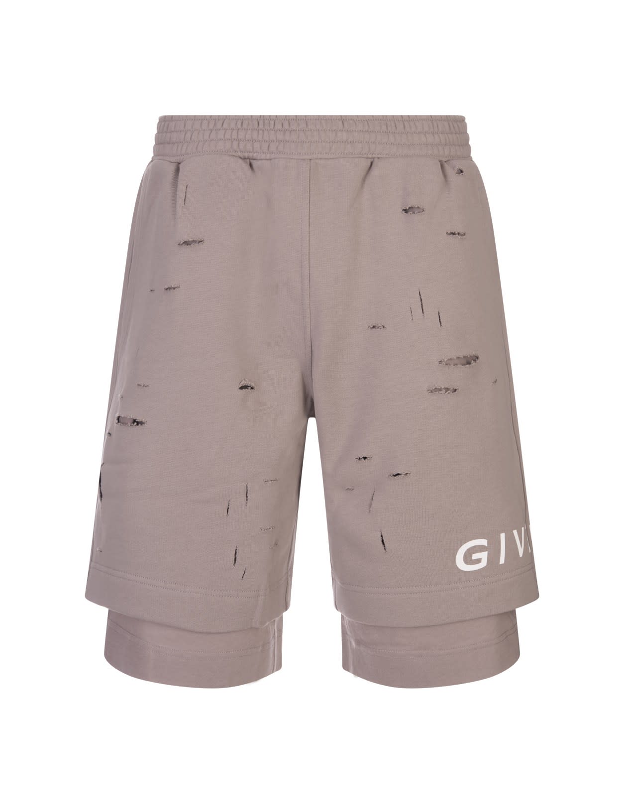 Shop Givenchy Taupe Destroyed Track Bermuda Shorts With Logo In Brown