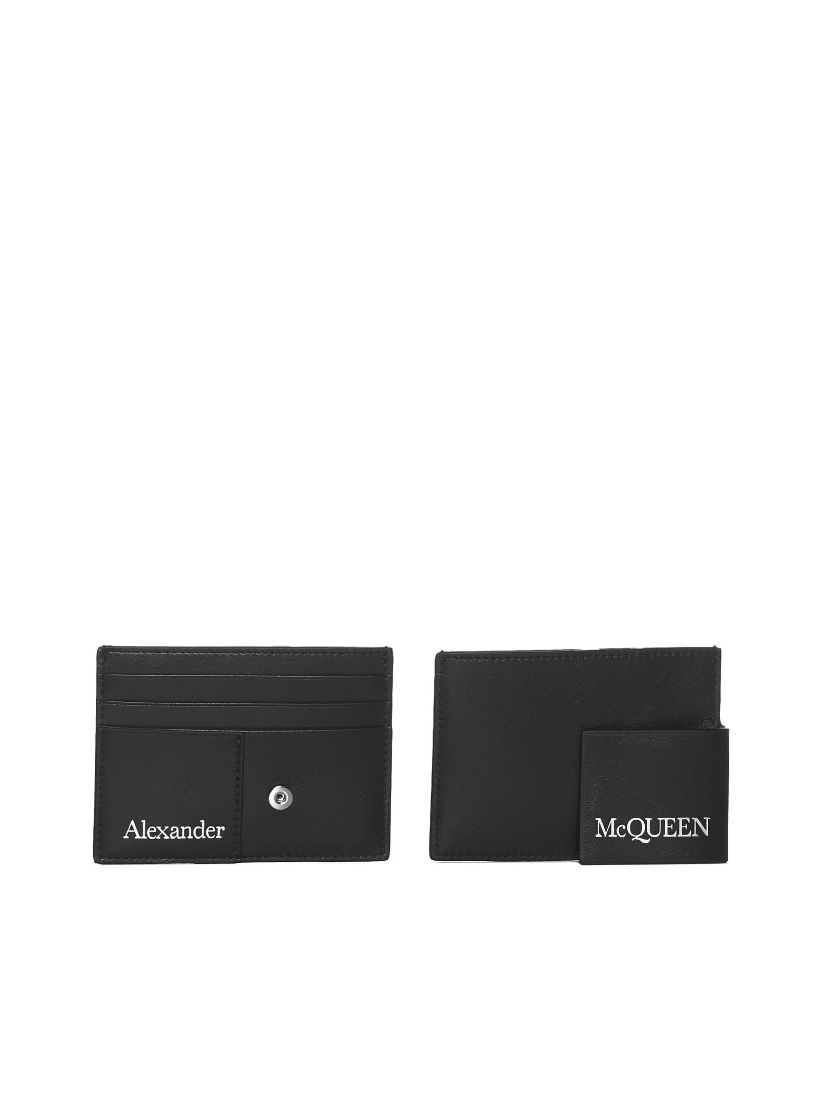 Alexander Mcqueen Double Card Holder In Black Leather With Logo In Nero