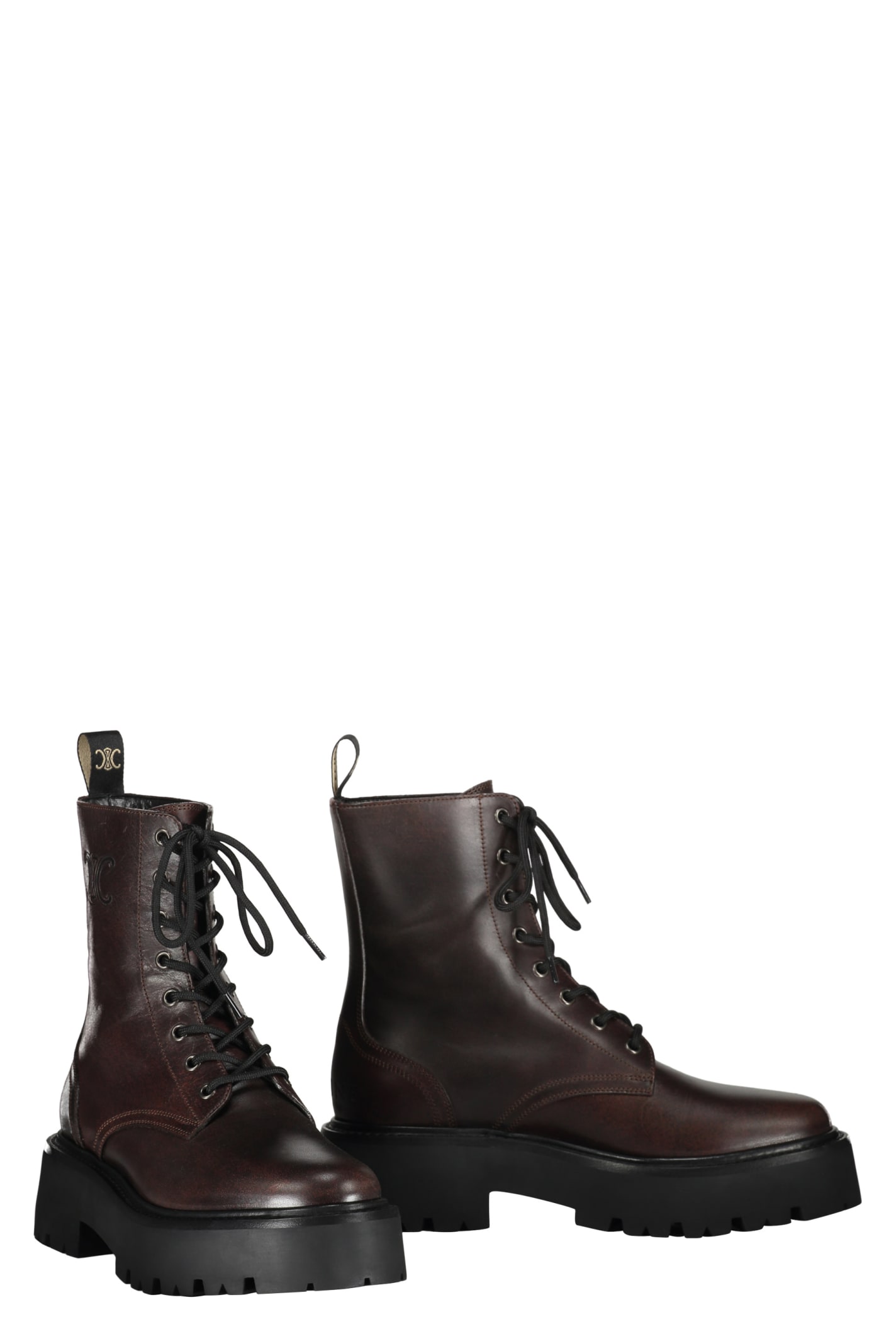 Shop Celine Leather Combat Boots In Brown