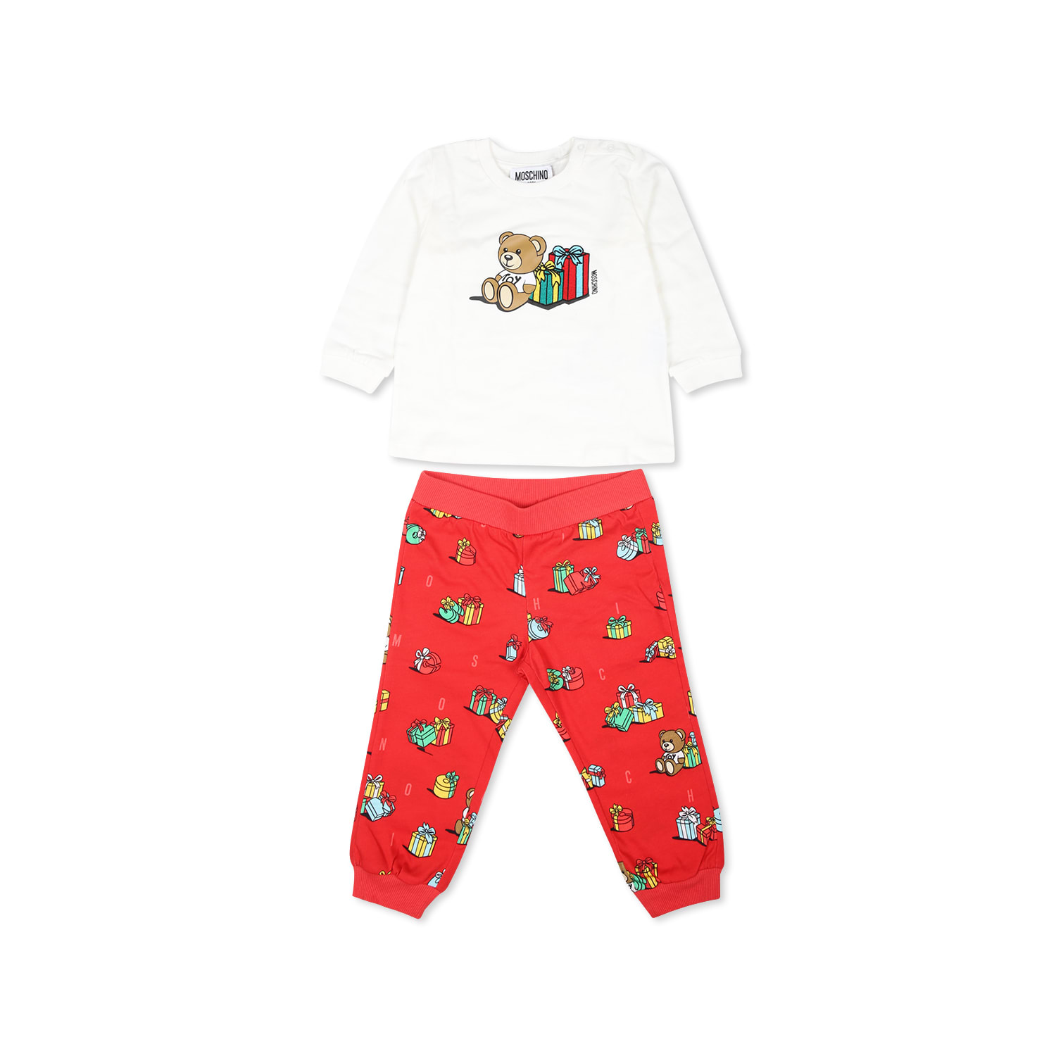 Moschino Red Suit For Babykids With Teddy Bear And Gift In Red
