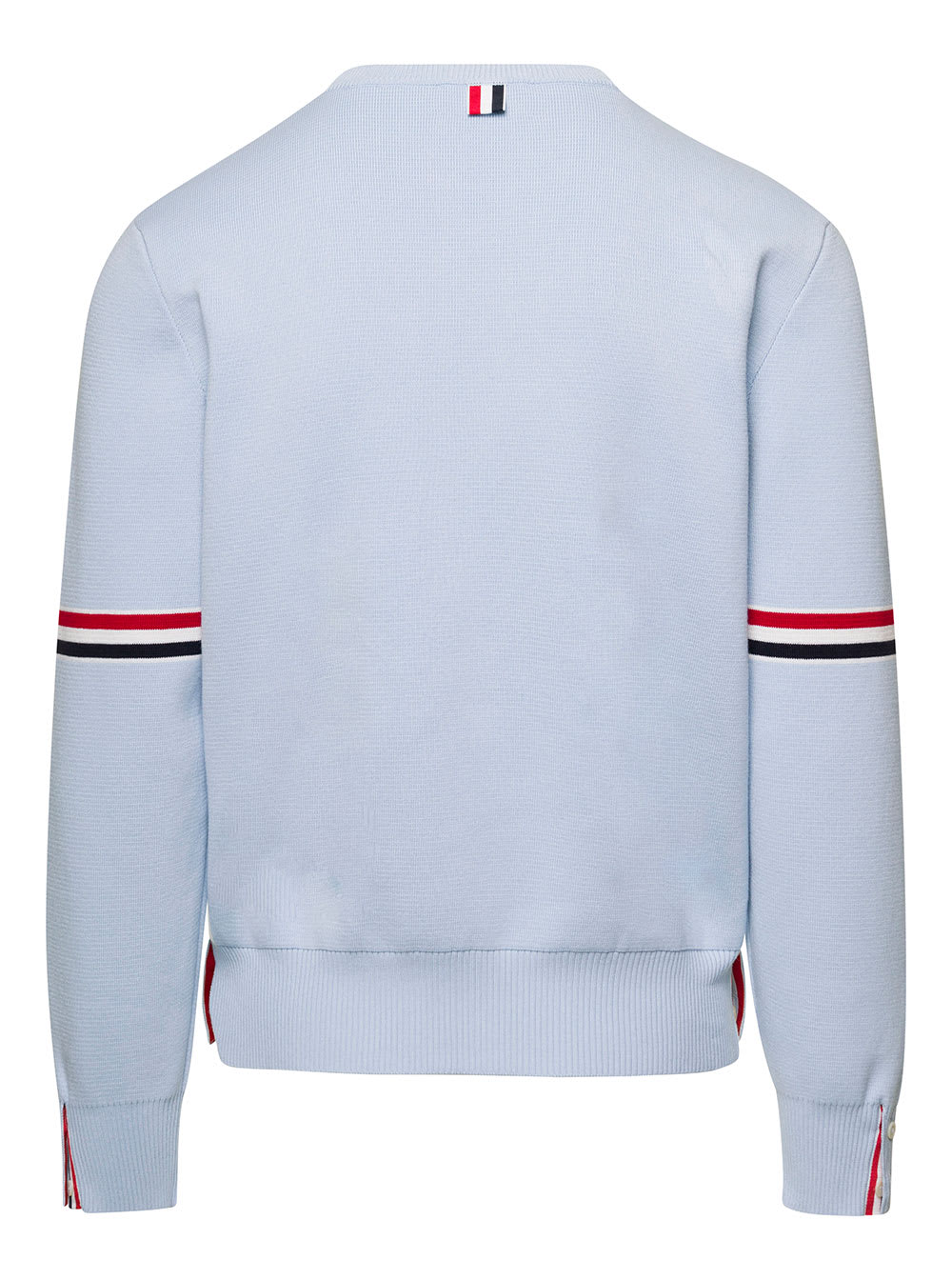 Shop Thom Browne Light Blue Crewneck Sweater With Tricolor Band Detail On Sleeves In Cotton Man