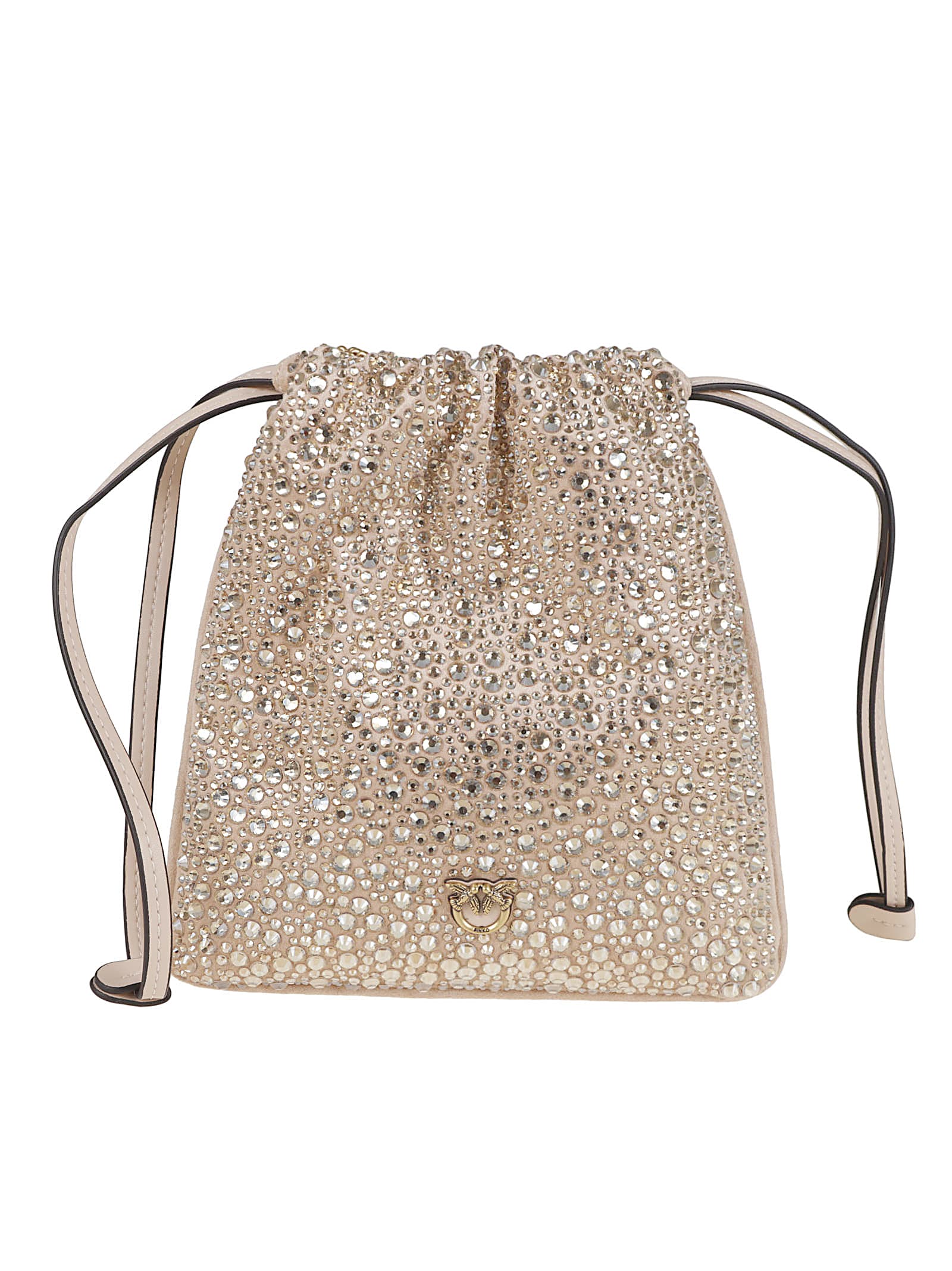 Pinko Textured Rhinestone-embellished Drawstring Bag In Gold