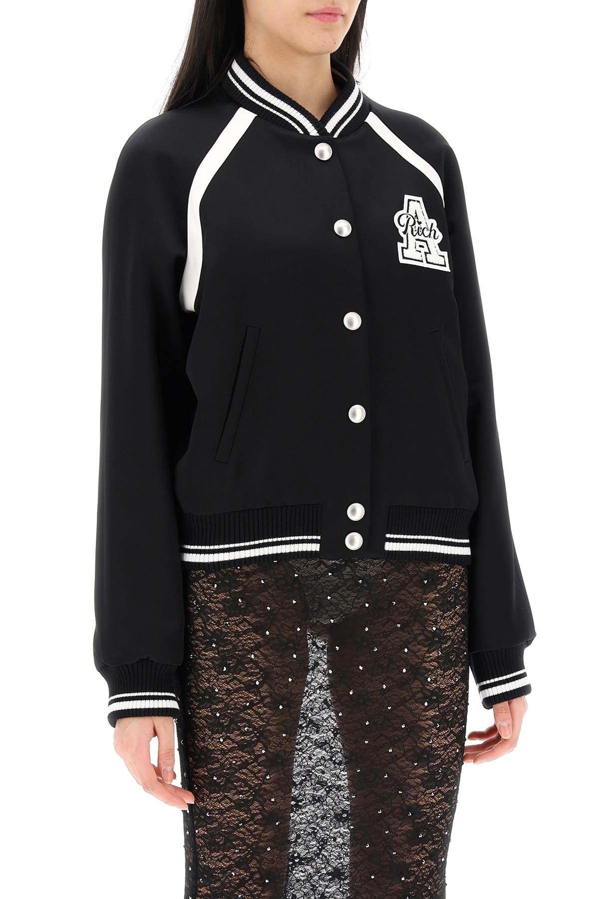 Shop Alessandra Rich Satin Bomber Jacket With Logo Patch In Black